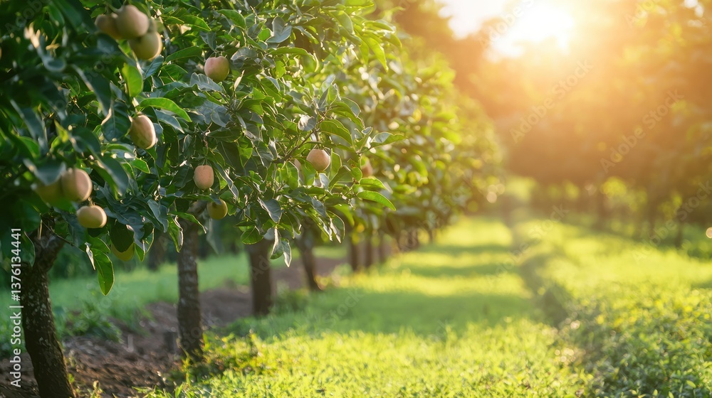 Poster A row of pink guava trees on a farm with fruits visible from a distance, surrounded by soft sunlight. 