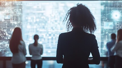 25. A woman leading a team of diverse individuals, standing in front of a large technological blueprint.