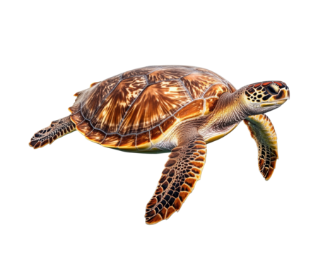 Sea turtle gracefully swimming in vibrant ocean waters on a transparent background, cut out
