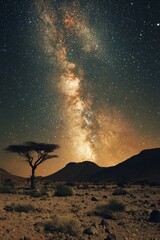 Fototapeta premium Starry Nights of the Deserted Lands with Open Skies Tree Silhouette Space Exploration and Tranquility