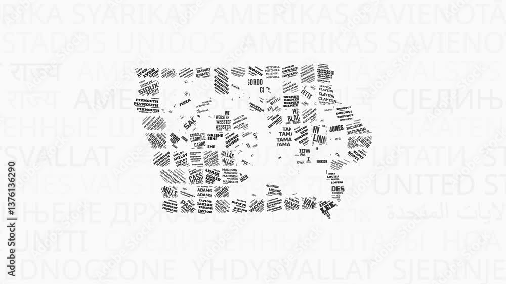Poster iowa intro animation. state with counties illustration video. background with state names in various