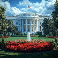 White House With American Flag Fountain and Red Flowers Under a Cloudy Blue Sky Summer Afternoon