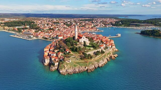 Aerial view of old city of Rovinj, summer destination to Croatia