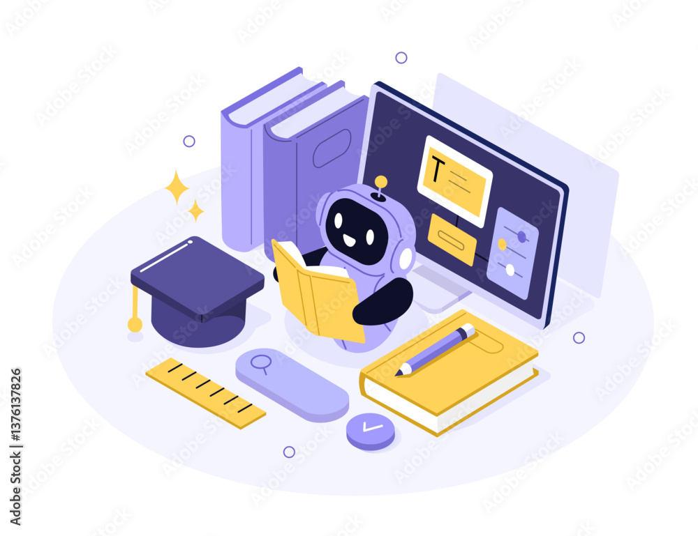 Poster ai in education. artificial intelligence robot reading book. machine learning, automation, education