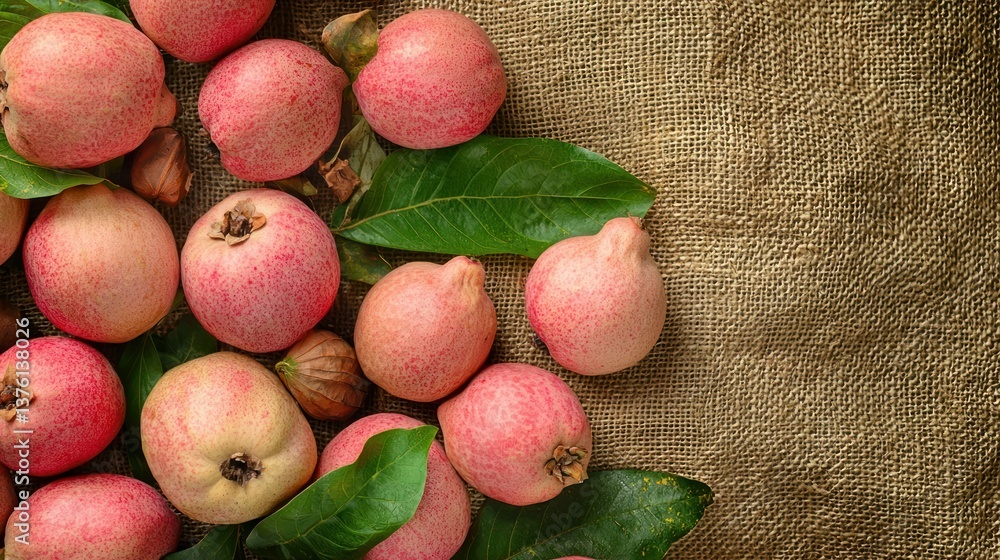Poster a spread of pink guavas and leaves arranged on a soft burlap mat in a tropical setting.