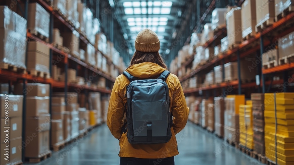 Poster a person stands in a logistics center, surveying the neatly arranged shelves filled with boxes. the 