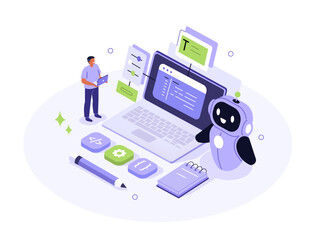 AI in programming. Programmer or prompt engineer use artificial intelligence generative tools for code writing, development. Science and technology concept. Vector illustration.