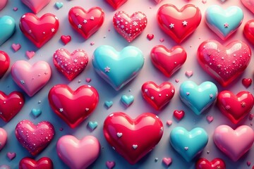 Obraz premium A collection of colorful hearts in various shapes and sizes, arranged in a beautiful and cute pattern, Valentine's Day, romance