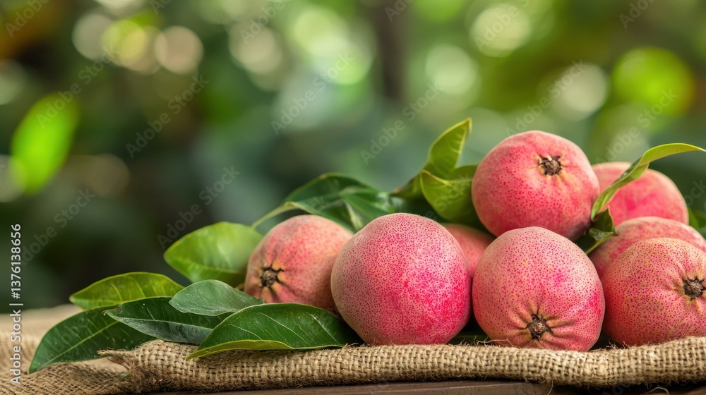 Poster a spread of pink guavas and leaves arranged on a soft burlap mat in a tropical setting.