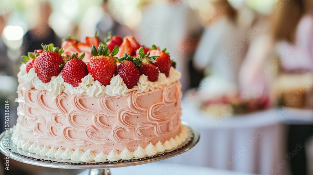 Poster A strawberry cake displayed on a table at a wedding or party event with guests in the background. 