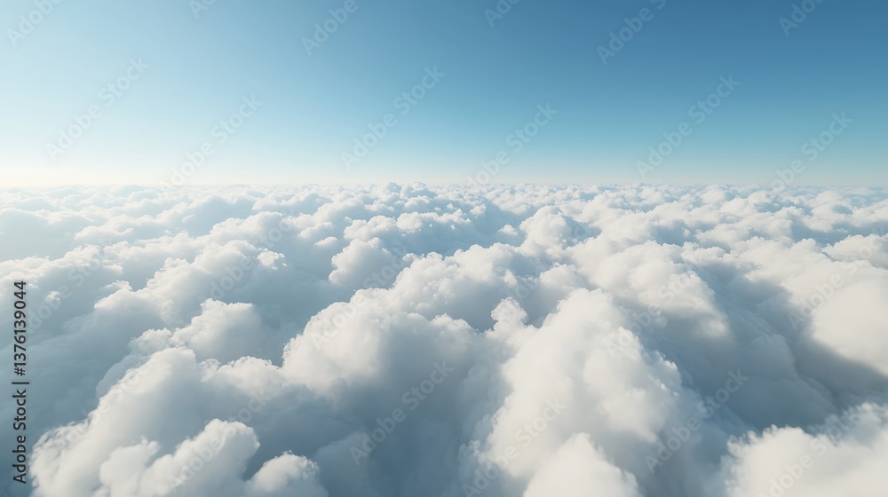 Poster a serene view of a vast sky filled with fluffy clouds, creating a peaceful and dreamy atmosphere.