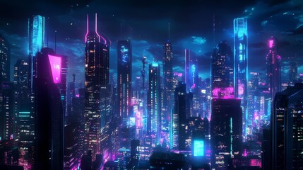 Cartoon futuristic city. Metropolis future building architecture, cyberpunk neon town night landscape modern office skyscraper, cityscape game background swanky vector illustration