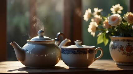 A vintage teapot pouring tea into a ceramic cup with steam rising in soft morning light 