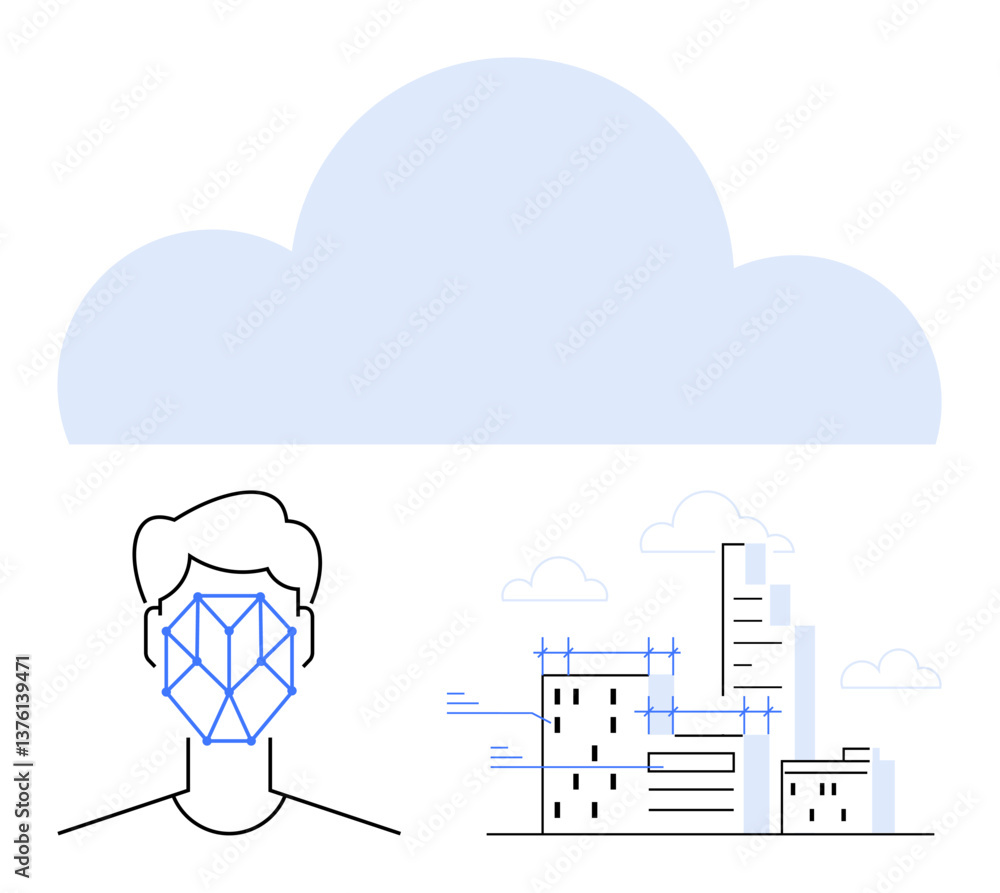 Poster abstract face with geometric recognition pattern, city buildings with construction elements under cl