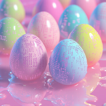 Easter-themed background for programmers, pastel-colored eggs with embedded code snippets (Python, JavaScript), subtle matrix-style digital rain, minimalist tech aesthetic, high detail