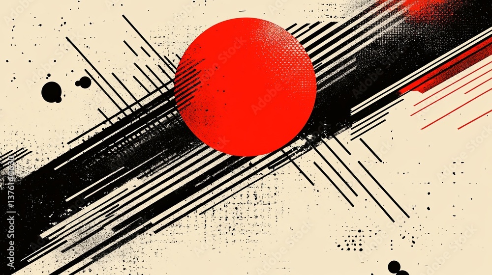 Poster bold graphic design featuring red circle and dynamic black lines on a textured background