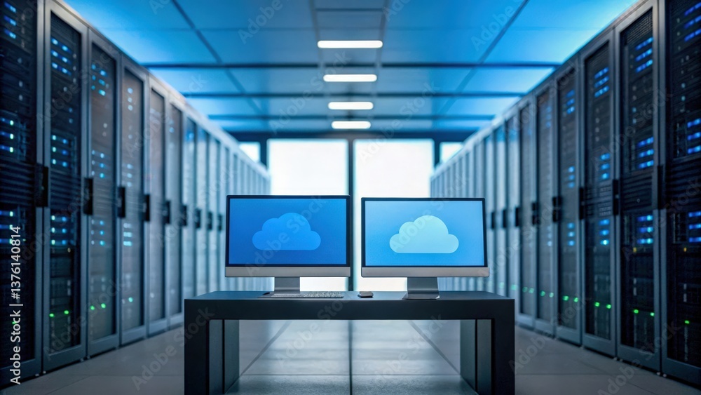 Poster a data center featuring two monitors displaying cloud icons, surrounded by rows of server racks, ill
