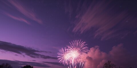 Festive fireworks display in a deep purple night sky
