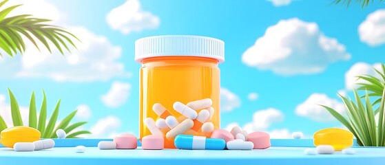 Pills bottle summer sky.