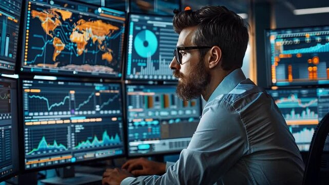 Data analysis expert evaluates metrics using advanced visualization tools in a modern office environment
