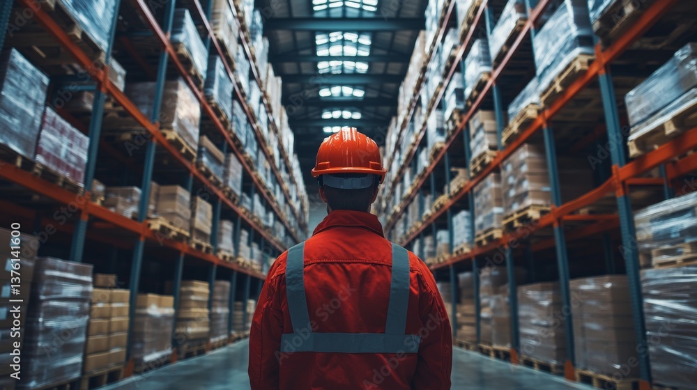 Aufkleber a warehouse worker in a red uniform and helmet evaluates the inventory on tall shelves, highlighting