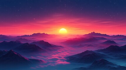 Fototapeta premium Majestic mountain ranges bathed in ethereal light and shrouded in mystic haze