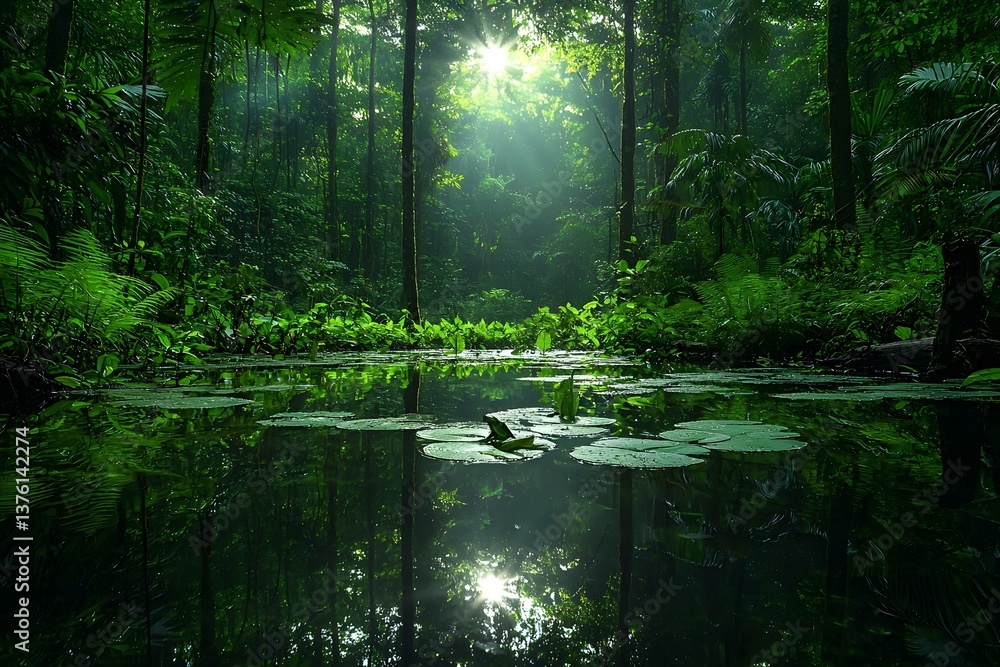 Poster a tranquil rainforest scene with a serene pond and soft light filtering through the lush canopy