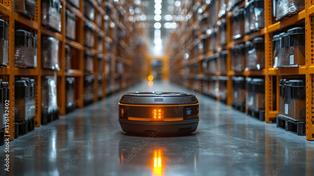 Poster A robotic system navigates through an organized warehouse, streamlining transportation of goods between shelves and maximizing distribution efficiency during peak operation hours.