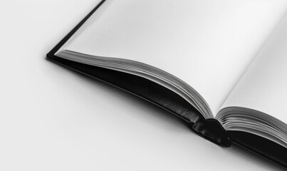 Fototapeta premium A4 book layout, close-up, on a white background, open, sheets up, black-bound, top view
