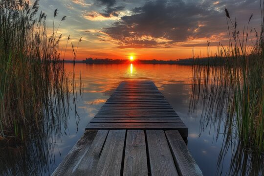 A wooden pier stretches towards a radiant sunset over a calm lake surrounded by tall reeds, reflecting the sky.