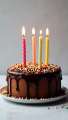Big chocolate cake with colorful sprinkles and candles on top, celebration, indulgent, birthday
