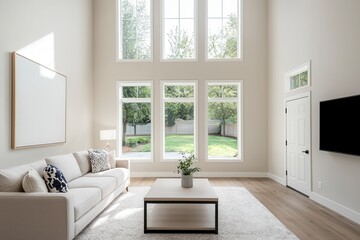 Fototapeta premium Bright and Spacious Living Room with High Ceilings and Natural Light
