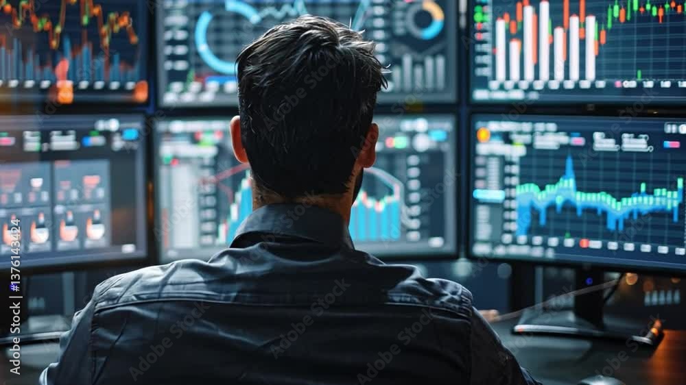 Poster data analyst reviews insights and trends on multiple screens in business intelligence setting