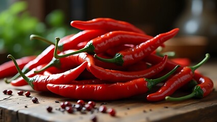 Vibrant Pile of Fresh Red Chilies on Rustic Wooden Table