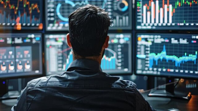 Data analyst reviews insights and trends on multiple screens in business intelligence setting