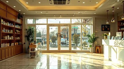 Modern pharmacy interior with bright lighting, great for medical and health topics.
