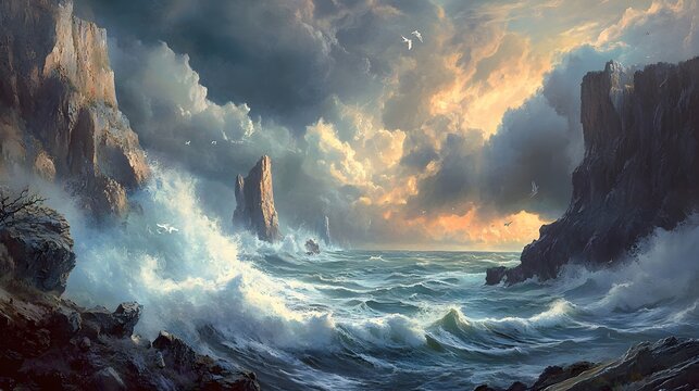 A rocky coastline with crashing waves and dramatic cliffs under a stormy sky