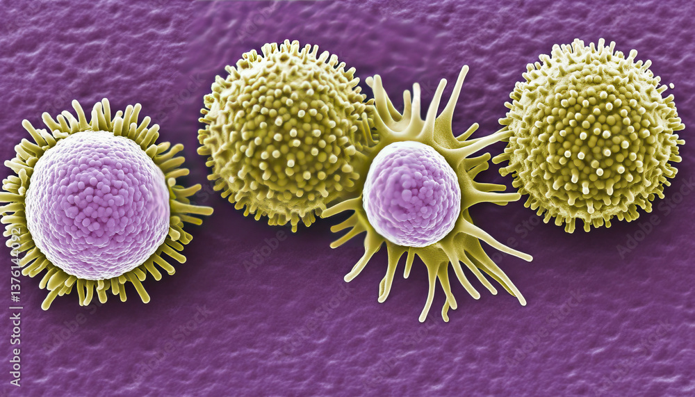 Poster microscopic view of immune cells, lymphocytes and dendritic cell engaging in an immune response. det