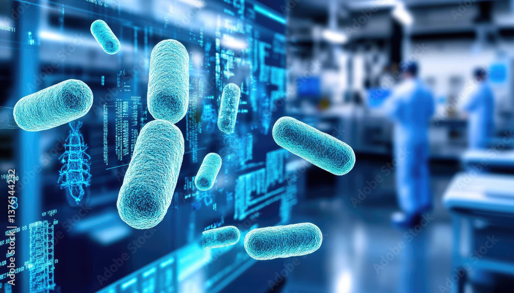 Poster microscopic bacteria 3d render over blurred lab background. scientists at work in a modern laborator