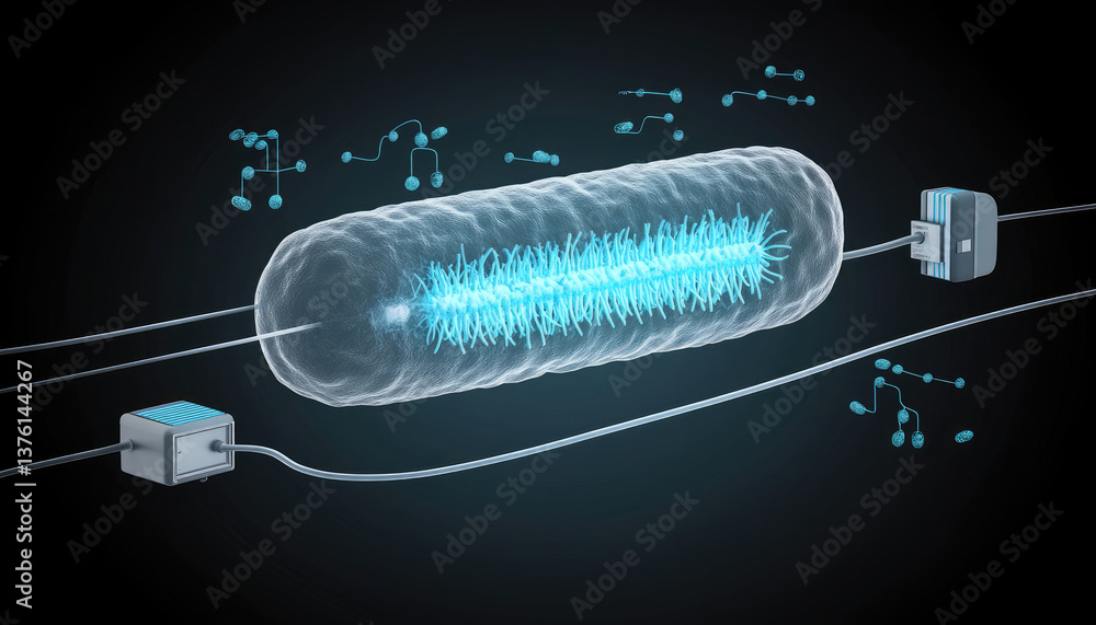 Aufkleber microscopic 3d rendering of a bacterium connected to technological devices, showcasing bioengineerin