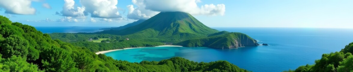Bird's eye view of Niijima island highlighting volcanic terrain and lush greenery, greenery, topography