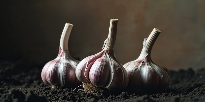 Four pink and white garlic bulbs are sitting in the dirt