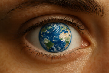 Surreal close-up of human eye with planet Earth as the iris, symbolizing global vision and environmental awareness
