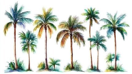 Watercolor set with palm trees and leaves floral plants elements, set of a watercolor palm tree with coconuts, tropical plants on a white background.
