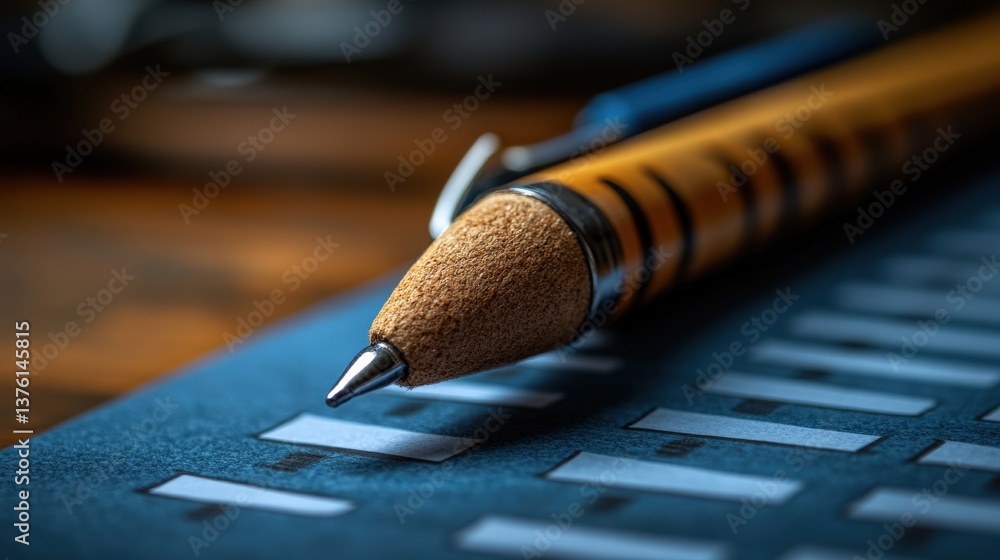Poster close-up of a textured pen resting on a patterned notepad with a wooden background