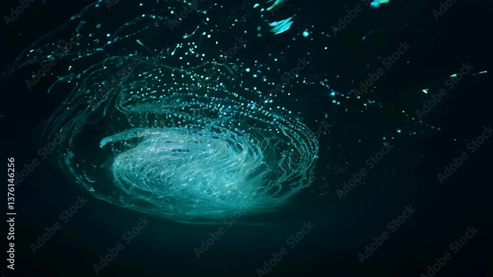 Poster a blue ocean with a lot of bubbles. the bubbles are white and are floating in the water