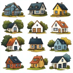 Variety of charming houses in different styles and colors displayed in a grid format