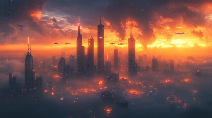 Fototapeta premium Futuristic city skyline, fiery sunset, aerial view, flying vehicles