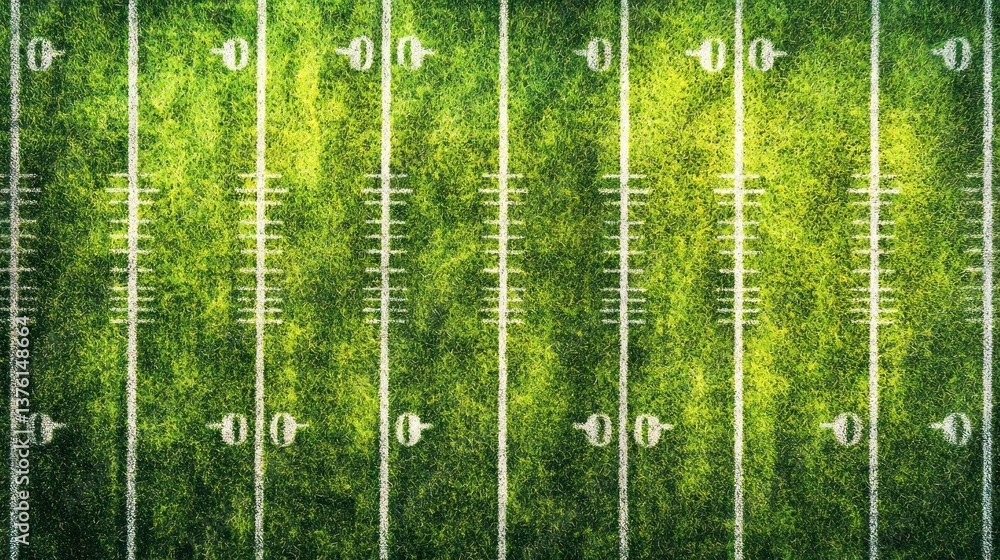 Poster an aerial view of a freshly mowed football field with clearly marked white yard lines and end zones.