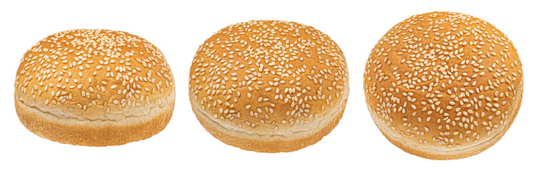 Burger buns with sesame seeds isolated on white background, full depth of field